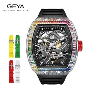 GEYA Luxury Rainbow Zircon Series Barrel Automatic Mechanical Watch for Men - G78186 | Sapphire Crystal, 144 Multi-Color Diamond Accents, 50M Waterproof, Silicone & Stainless Steel Strap