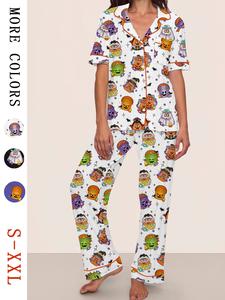 women's halloween ghost pumpkin pajamas set, short sleeve long pants, casual fitted thin fabric, perfect party gift for autumn winter