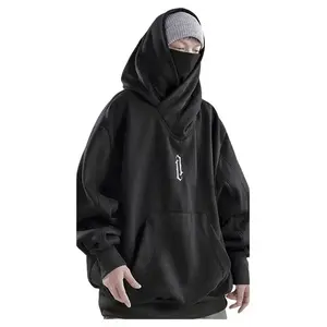Unisex Oversize Ninja Double Neckline Cotton Hip Hop Hoodie, Loose Casual Pocket Hooded Sweatshirts For Daily Outdoor Wear, Men Tops Baggy Long Sleeve Can be used with raincoat
