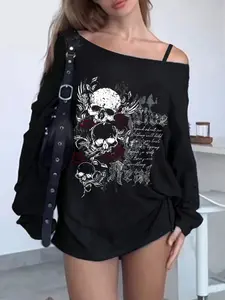 Skeleton Rose Pattern Long Sleeve T-shirt, Unique Halloween Skeleton Shoulder T-shirt, Women's Casual Commuting Wide Truffle Shoulder Top, Adjustable Strap, Comfortable Top for Spring and Autumn, Chic