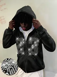 Men's Hoodie: Lightweight, full-zip cardigan—ideal for transitional seasons. Crafted from 100% polyester fabric and featuring a rhinestone-embellished graphic design, this piece offers a classic, everyday style.