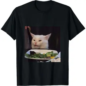 Smudge The Cat at Dinner Table Meme Men's T-Shirt | Confused Cat Salad Meme Funny Viral Internet Meme Tee