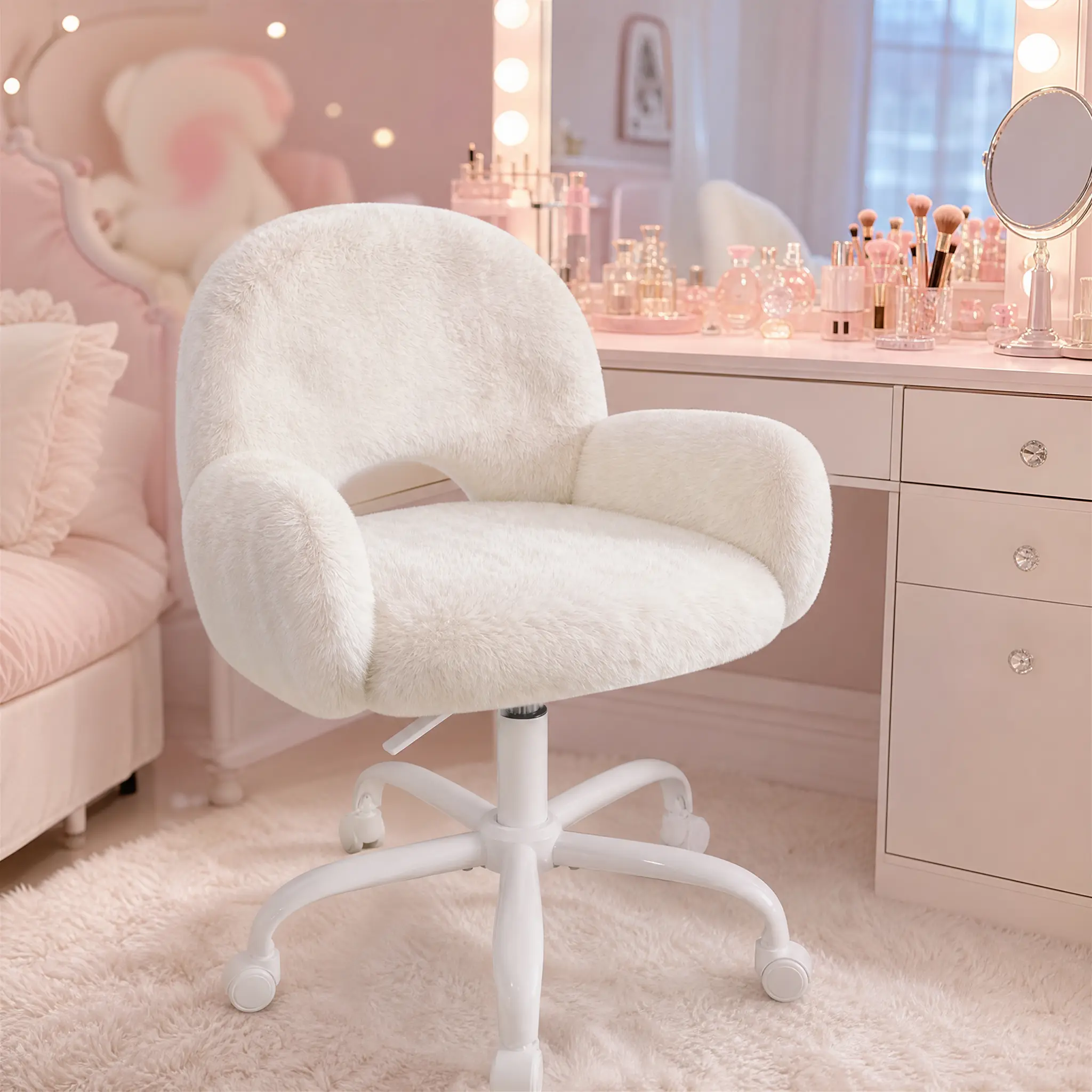 Raybee Vanity Chair with Round Hollow Back, White Desk Chair with Arms & Wheels, Cute Office Chair for Make-up Room, Bedroom, Home Office, Salon, Height Adjustable, Faux Rabbit Fur