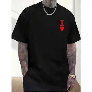 Men's oversized heart-shaped printed black T-shirt, unisex casual round neck T-shirt, lightweight 180gsm knitted fabric, machine washable, suitable for spring, summer, autumn, winter