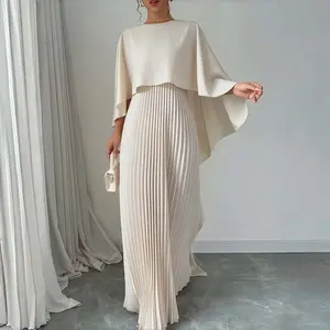 Women's Plain Pleated Cloak Sleeve Maxi Dress,Ladies Spring & Fall Clothes,Elegant Round Neck Dress for Party Holiday Wedding Guest,Perfect for Anniversary Gifts, Valentine's Day Gift Sets
