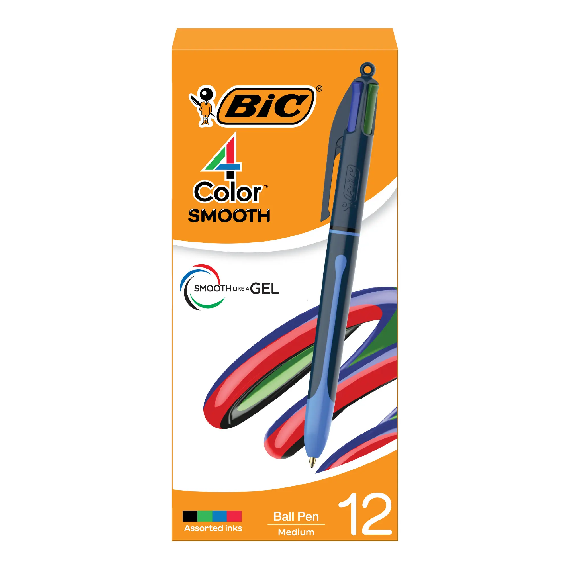 BIC 4-Color Smooth Retractable Ballpoint Writing Pens, Medium Point (1.0mm), 12-Count Pack, Long-Lasting Ink Colored Office Writing Tools