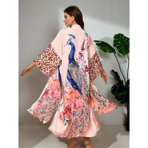 Plus Size Peacock & Floral Print Belted Wrap Kimono Cardigan, Casual Split Hem Kimono Cardigan, Women's Summer Swimwear for Beach Holiday Vacation, Clothes