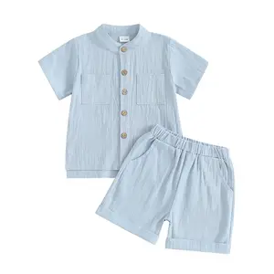 Kids Boys Summer Linen Outfits Solid Color Buttons Short Sleeve Tops and Elastic Waist Shorts 2Pcs Clothes Set