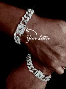Letter Design Cuban Link Bracelet, Rhinestone Initial Letter Name Bracelet, Hip Hop Matching Jewelry for Men Women, Streetwear Accessory for Boyfriend