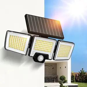 2 Pack Solar Motion Sensor Outdoor Lights, 3-Head 216 LED Security Floodlights with Remote Control, IP65 Waterproof Adjustable Wall Lamps, Solar Powered Exterior Lights for Garden Garage Yard Porch Driveway