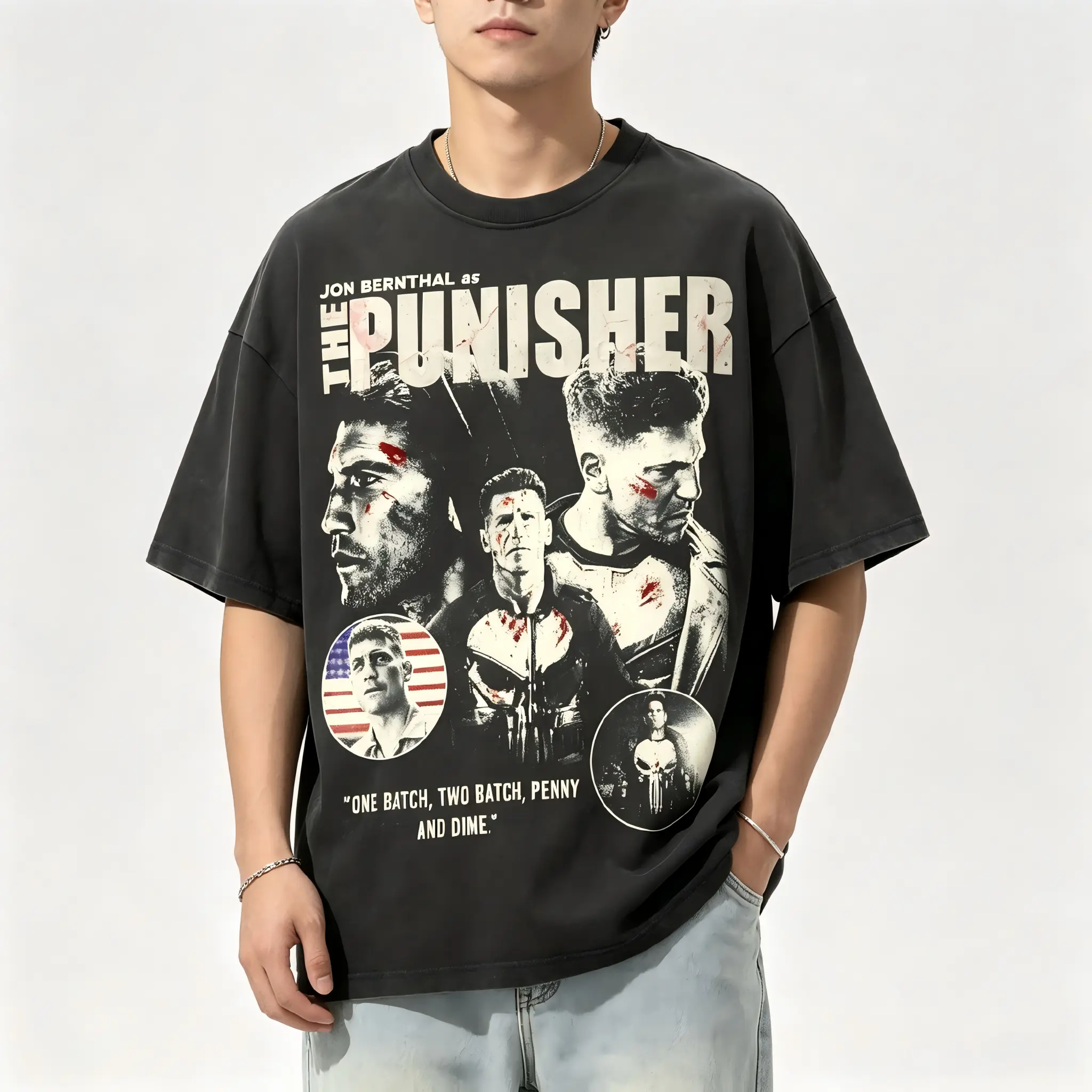 Unisex Vintage Washed 100% Cotton The Punisher Jon Bernthal Graphic T-Shirt, Distressed Retro Oversized Crew Neck Short Sleeve Casual Tee for Men Women Streetwear Daily Wear