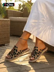 Women's Fringe Sandals, Leopard Print Fish Mouth Slippers, Summer Comfortable Flat Shoes, Casual Footwear for Women, Leopard Print Slides