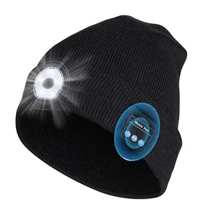 Bluetooth Beanie with Light, Unisex USB Rechargeable 4 LED Fashlight, Black, Cordless Headphones, Unique Christmas Birthday Gift for Men - Camping
