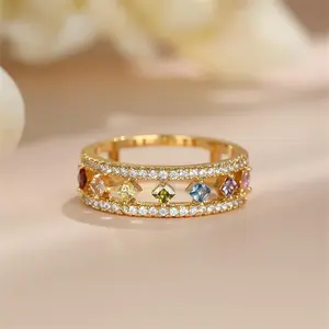 Dainty Square Zircon Engagement Ring Vintage Female Rainbow Crystal Stone Ring Antique Gold Color Hollow Wedding Rings For Women