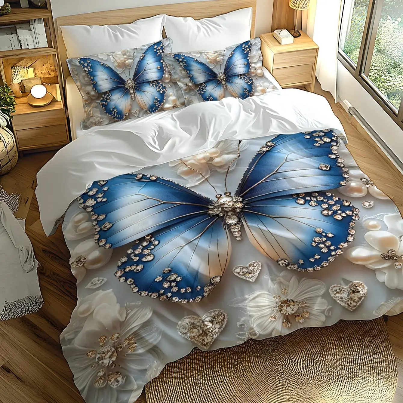 Butterfly Flower Heart Pattern Bedding Set, 2/3pcs/set Including Duvet Cover & Pillowcase, Soft Comfortable Decorative Bedding Set for Home Bedroom