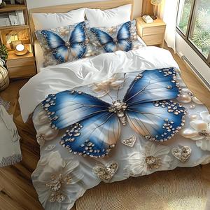 butterfly flower heart pattern bedding set, 2/3pcs/set including duvet cover & pillowcase, soft comfortable bedding set for home bedroom