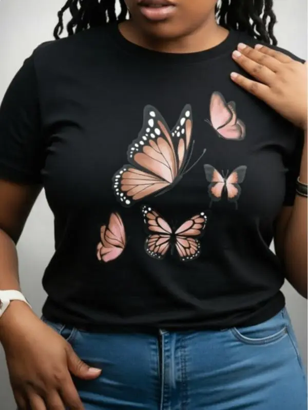 Delicate Dreamy Butterfly Art Tee Girlfriend Shopping Trip Casual Park Stroll Summer Cotton Short Sleeve Multi‑Butterfly Heat Transfer Print Tshirt