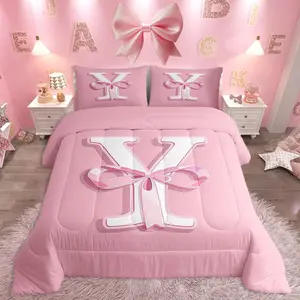 Pink Bow Bedding Set,Personalized Teen Girl Gifts,,Decor Initial Letter Y Bedding Set,Monogrammed Ultra Soft Comforter Kawaii Pink,Duvet Set Room Decor Fashion Quilt Set