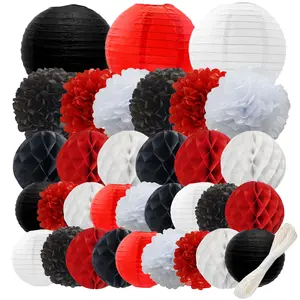WOLHOWLTD Red Black White Paper Decoration Set - 33 Pcs Paper Lanterns, Pompoms, Honeycomb for Wedding, Valentine's,Bridal Shower,Birthday Party Decoration(red Black White)