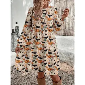 Casual Elegant Women's Halloween Pumpkin & Ghost Print Mid-Length Dress, Autumn/Winter