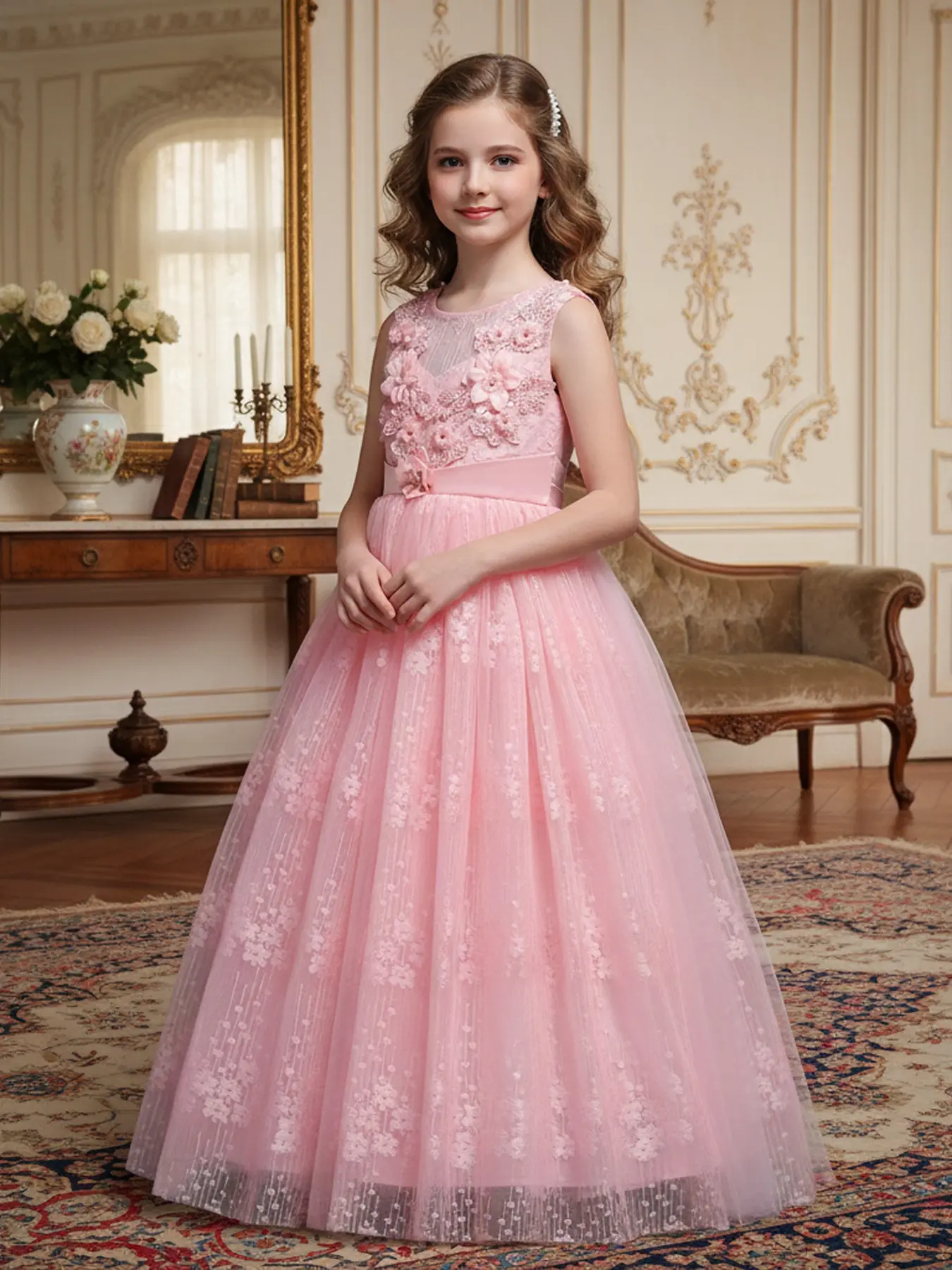 Girl's Floral Print Appliques Sheer Tulle Fit & Flare Tulle Dress, Elegant Bow Back Round Neck Sleeveless Party Dress for Performance Party Wedding Guest, Kids Partywear, Princess Seraphina Dress, Chiffon Dress