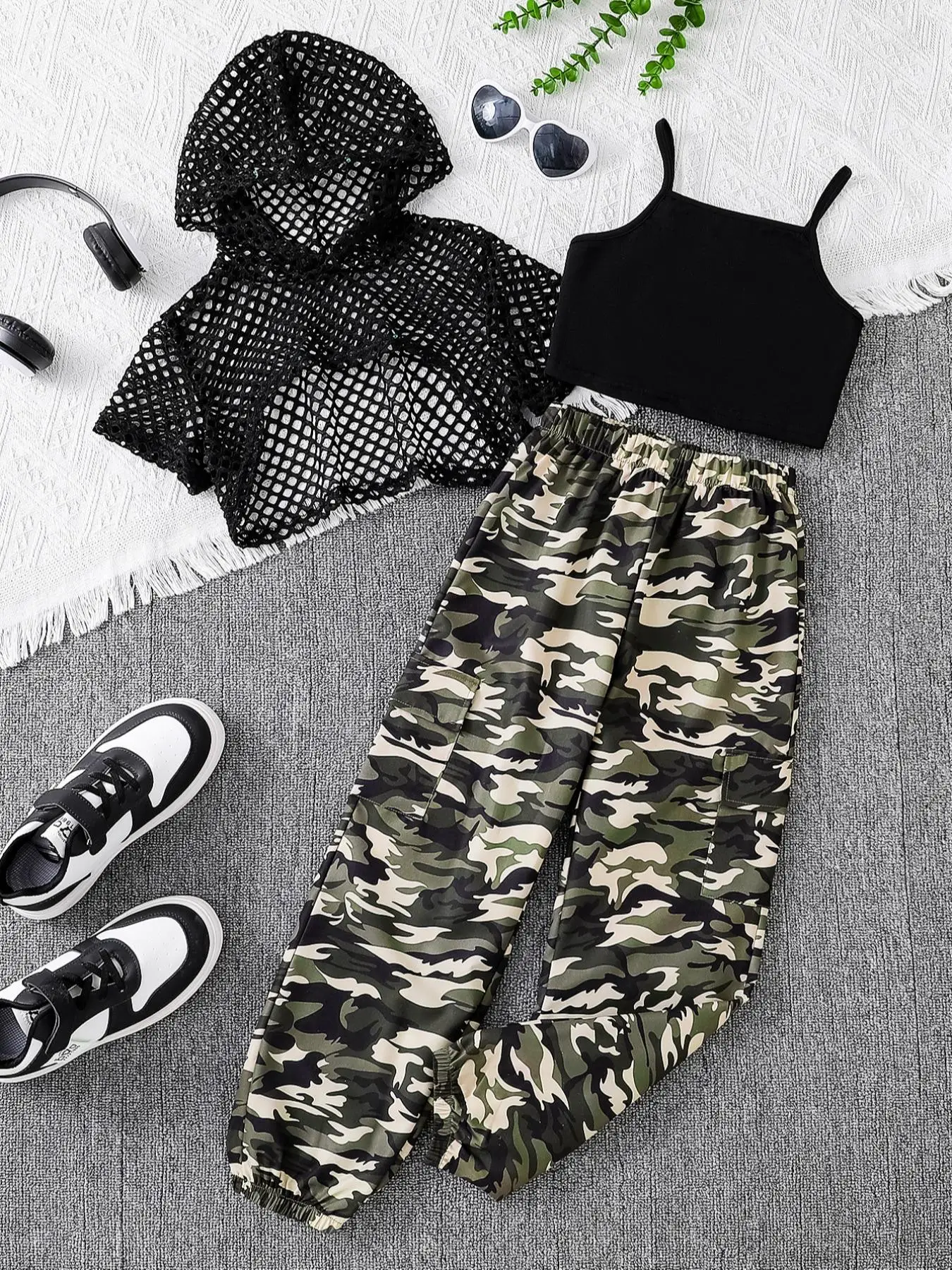 Girl's Plain Hollow Out Top & Cami Top & Pants Set, Casual Fashion Crop Top & Cami Top & Elastic Waist Pants for Daily Wear, Kids Summer Clothes