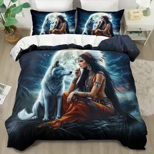 Indian beautiful woman and wolf theme duvet set - Boho Bed Set, 2/3 pieces, soft, comfortable and breathable, Indian wolf pattern printed, beautiful woman and wolf printed quilt set (excluding quilt core)