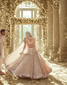 Women’s Ivory Net Lehenga Choli with Faux Mirror Work – Bridesmaid & Wedding Wear