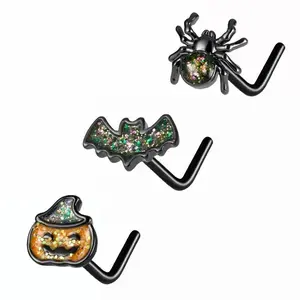 Oufer 20G 3PCS Halloween Glitter Pumpkin Bat Spider L Shape Nose Studs for Spooky Season Jewelry