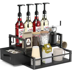 Coffee Syrup Organizer for Countertop, 2-Tier Coffee Bar Organizer with K Cup Storage Drawer, Syrup Rack Station for Accessories, Table Holder Stand for Wine,Tea,Condiment (Classic Black) Wooden Three-Tier Cologne
