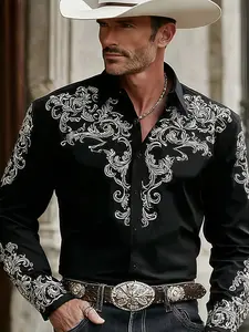 Mens Western Style Cowboy Shirt All Seasons Paisley Print Ethnic Long Sleeve Casual Outdoor Shirt