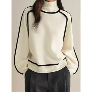 Women's Long Sleeve Loose-Fit High Neck Turtleneck Pullover Sweater, Versatile Fashionable Autumn Winter Woven Knitwear, Casual Plain Color Top