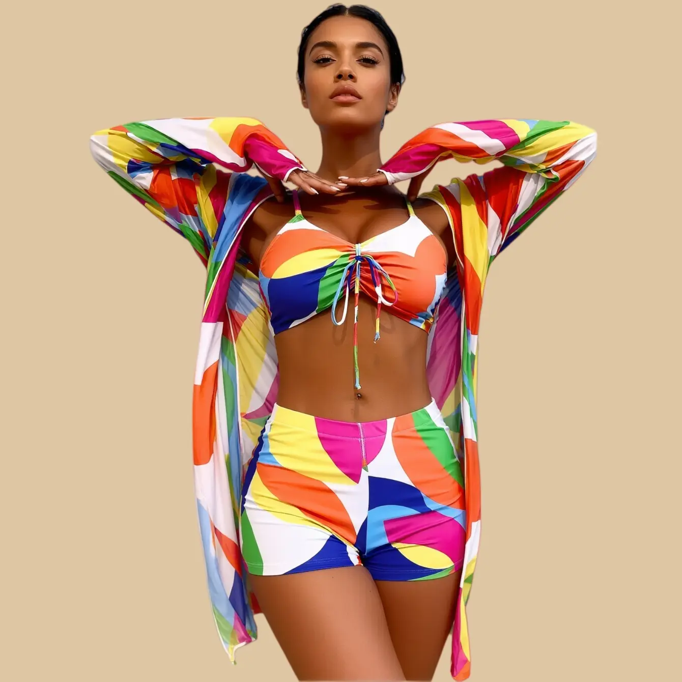 swim sets for women tankini swim set rash guard Tankini Long-sleeved swimming suit set Bathrobe and swimming suit Three-piece swimming suit Colorful dopamine swimsuit High-waisted swimming suit Beach Vacation Party Cruise Swimsuit Set