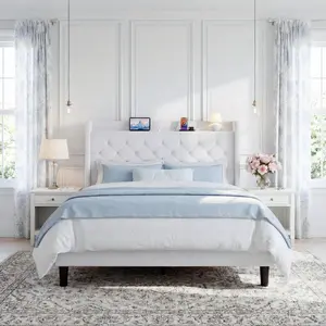 SHA CERLIN Diamond Tufted Upholstered Platform Bed Frame with Charging Station and Storage Headboard Velvet Linen Full Queen King