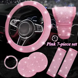 7-Piece Car Interior Diamond Set, Car Accessories, Girly Car Interior Sets, Includes Steering Wheel Cover, Cup Holder Coasters & Seatbelt Covers, Universal Fit for All Seasons