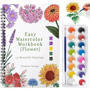 Watercolor Workbook,15 Flower Patterns of Original DIY Designs,16 Colors Watercolor Paint Set with Brush Palett,Beginner-Friendly Water Color Workbooks,Water Coloring Book for Adults