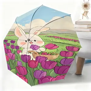 Cartoon white rabbit picking flowers in a sea of flowers waterproof folding umbrella, suitable for both men and women, portable and suitable for travel and daily use.