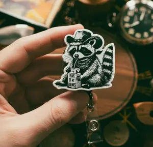 Funny Office Badge Reel, Western Cowboy Raccoon Retractable Badge Holder, Snarky Work ID Clip, Gift for Coworker Nurse Teacher
