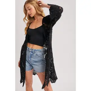 Open Front Crochet Lace Long Cardigan.