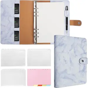 Refillable Planner Notebook 6 Ring PU Leather Binder Journal with Pockets, Dividers, Refill Paper Marble Blue