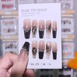 Elegant Black and Cream Butterfly Handmade Press On Nails Long Coffin