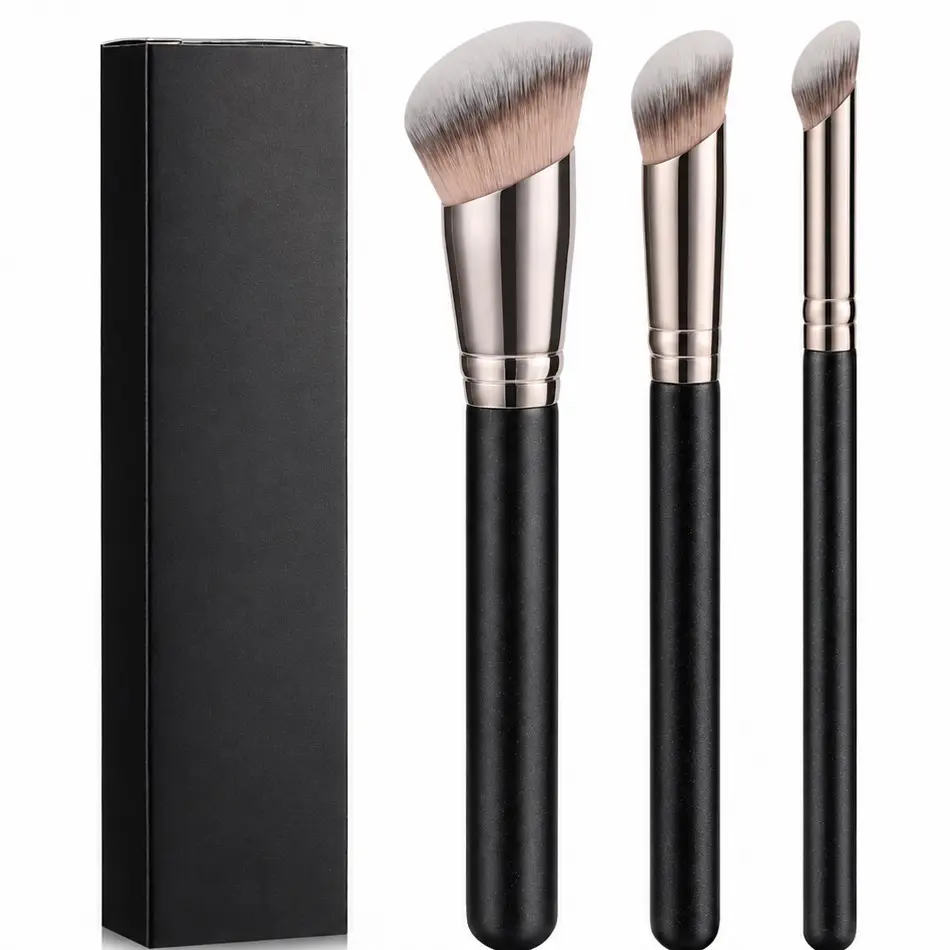 3 PCS Foundation Contour & Conceal Brush Set Angled Synthetic Kabuki Brush for Blending Buffing & Setting with Liquid Cream & Powder (170S/270S/370S)