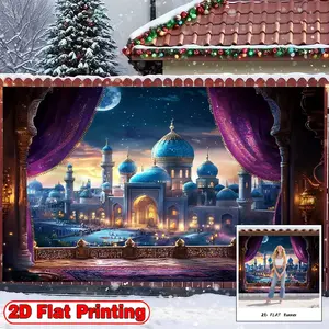 2D Flat Banner, 1pc with Fantasy Arabian Nights Scene Purple Theme - Polyester Fabric Photography Backdrop & Party, for Holiday, Happy New Years Decor, Versatile Indoor & Outdoor Event Background, No Power Needed