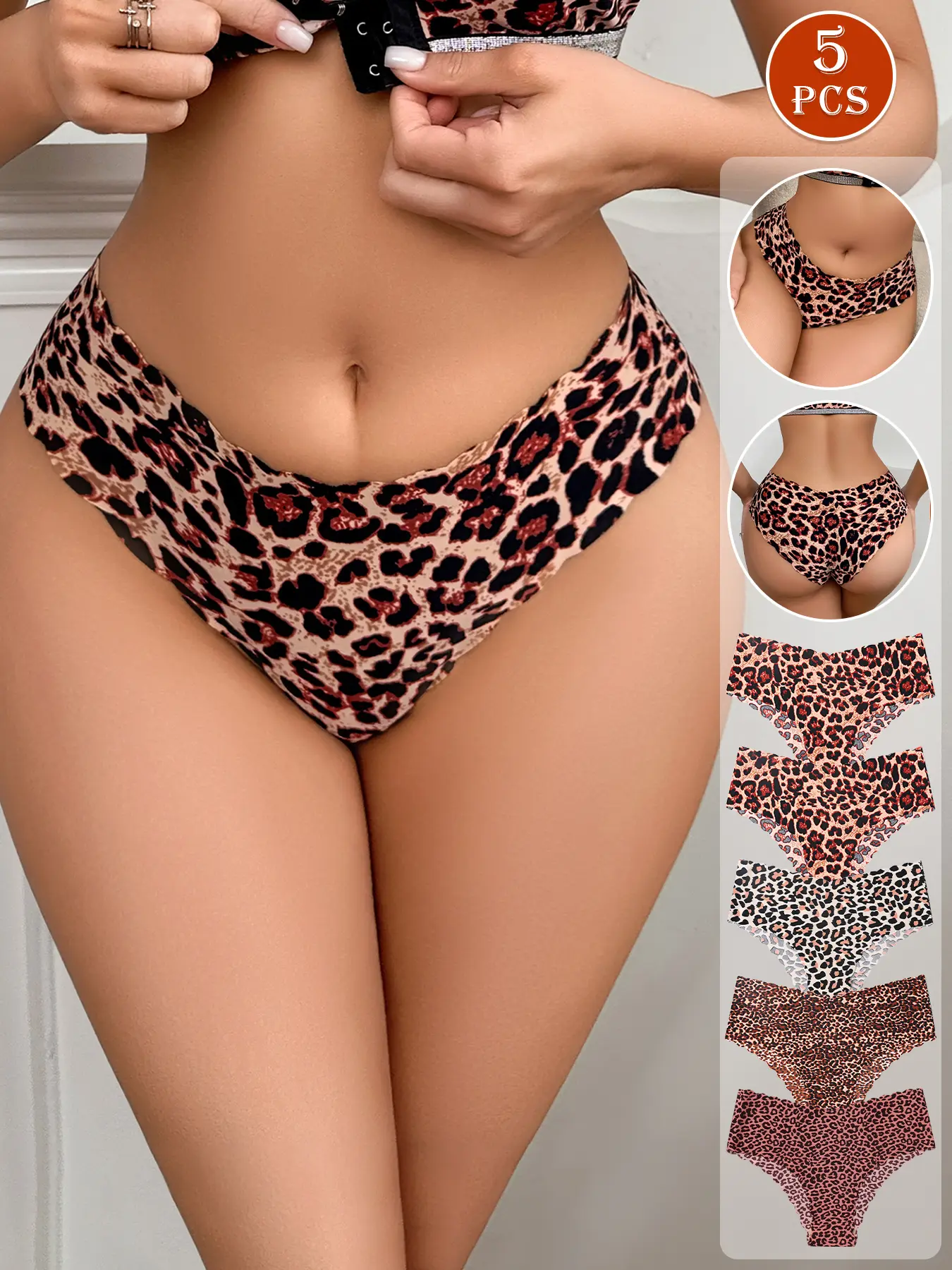 5-piece set of women's seamless wavy edge triangle panties, Low Rise Underwear, various leopard print patterns, soft and lightweight suitable for everyday wear in all seasons.
