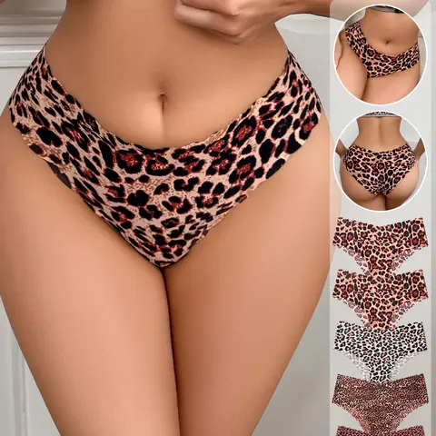 5-piece set of women's seamless wavy edge triangle panties, Low Rise Underwear, Slim Fitting Underwear, various leopard print patterns, soft and lightweight suitable for everyday wear in all seasons, Soft Fit Panty