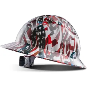 Full Brim Hard Hat, Industry Safety Hard Hat, American Flag Design, 4-Point Adjustable Ratchet Suspension, Lightweight Impact Resistant Construction Helmet, Class C Vented, for Industrial Welding Mining Work