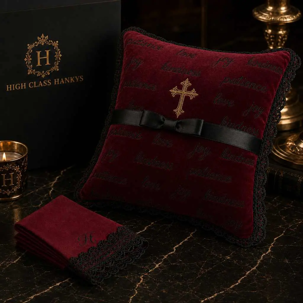 Conversations & Coffee Hanky & Prayer Pillow Set - Burgundy & Black