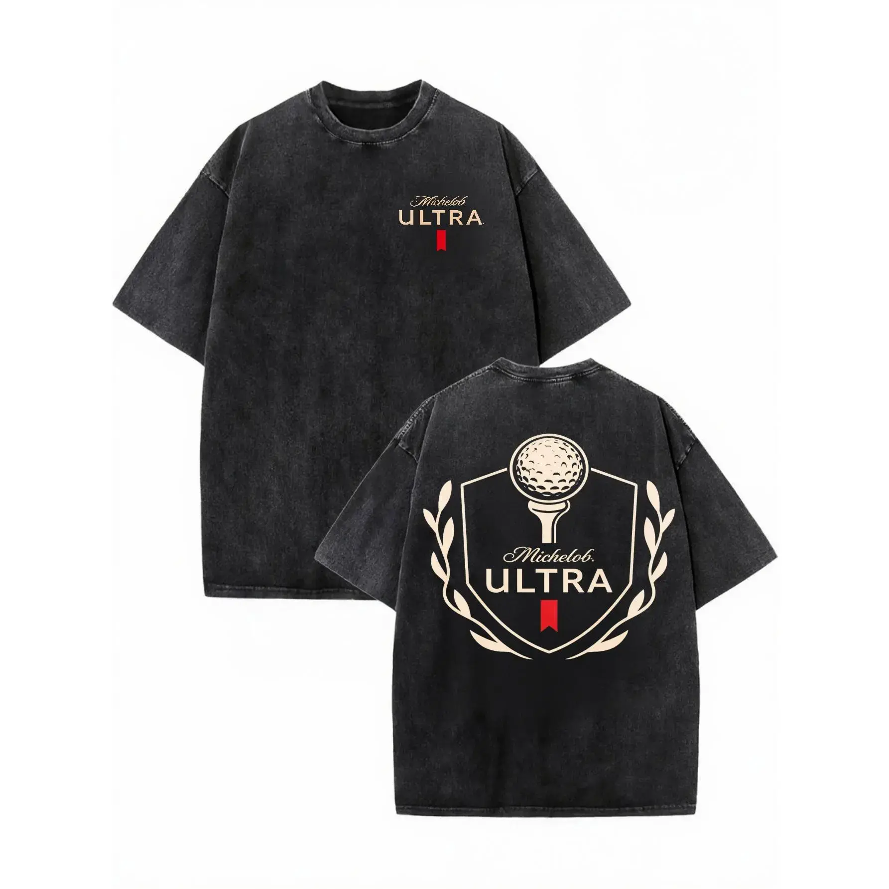 Men's 100% Cotton Unisex Shortsleeve Round Neck Distressed Graphic Tee - Loose Baggy Fit, Casual Menswear, Retro Sports Streetwear, Michelob Ultra Themed Washed T-Shirt, Top, Tshirt, Tops, Vintage, Acid Washed, Golf, Crew Neck, Graphic Print