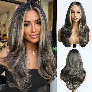 Synthetic Full Machine Wig, 24-in Black with Grey Highlights & Blonde Waves, Long Layered Wavy Curls, Natural Look, Suitable for Everyday Wear & Parties