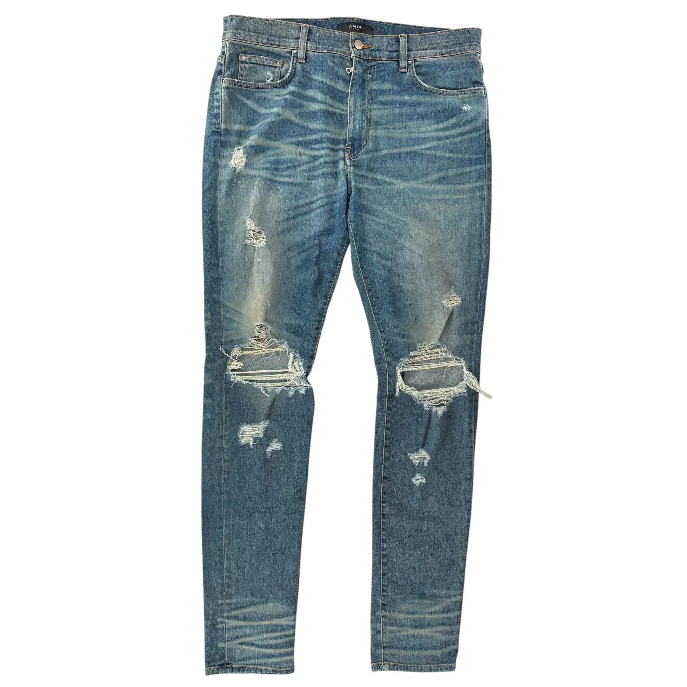 989933 Amiri Ripped Denim Blue